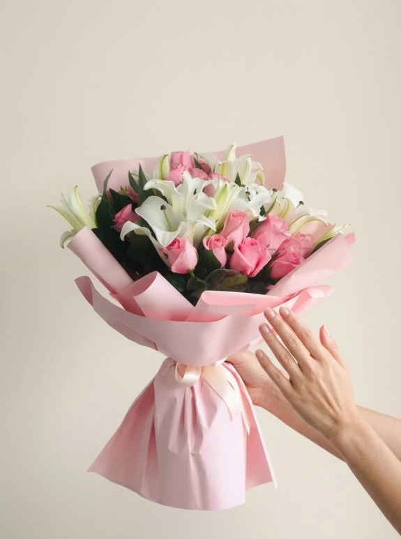 Pembe Gül Beyaz Lilyum Buketi